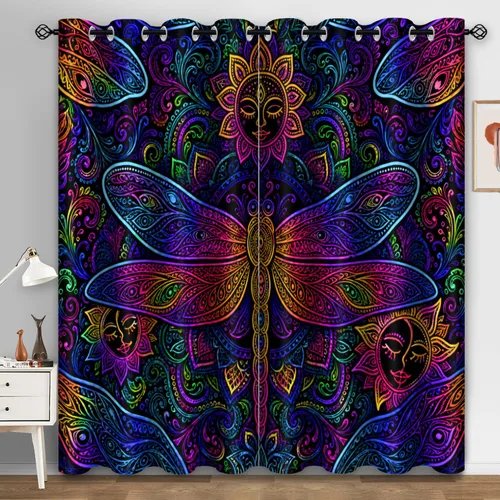 Vista 15 de Aimego - Cortinas opacas rústicas con flores de girasol, cortinas para oscurecer la habitación, estilo granja, paneles de madera, mariposas azules
