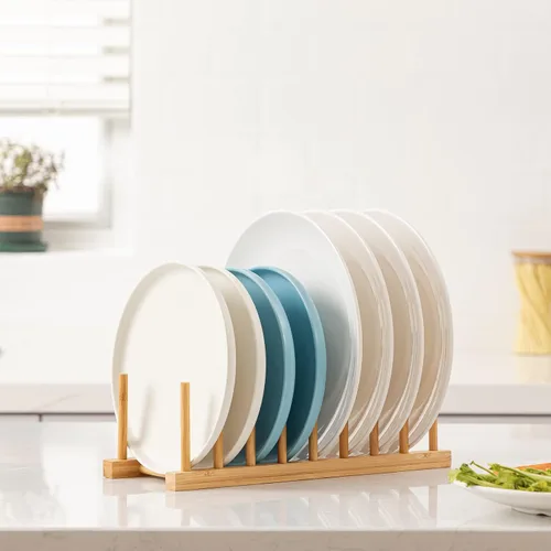 Vista 9 de HBlife Escurreplatos plegable de bambú de 2 niveles con soporte para utensilios y plato de platos, tazón, tazón, tapa de olla, tabla de cortar