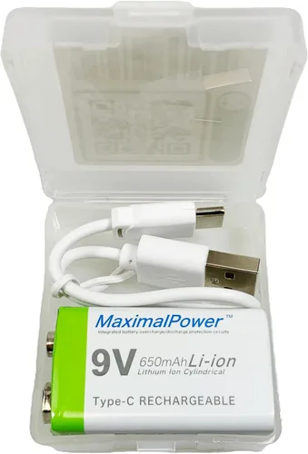 Vista 5 de MaximalPower Batería recargable de iones de litio de 9 V de 650 mAh con cable de carga USB tipo C para detectores de humo, alarma digital, pedales