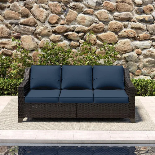 Vista 8 de Sofá de lujo para patio al aire libre de 3 plazas con mimbre de PE tejido a mano Azul