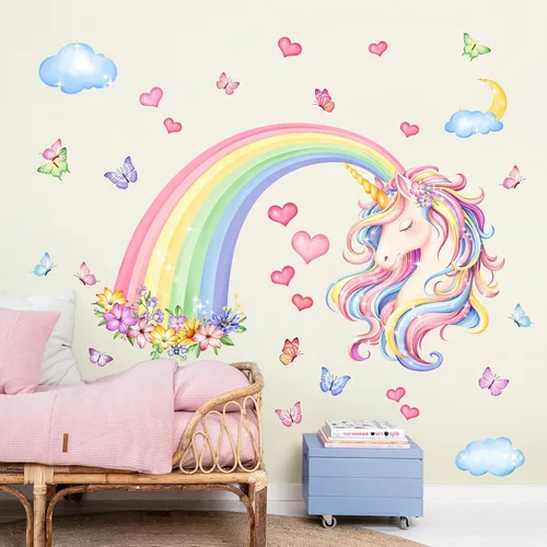 Vista 5 de Calcomanías de pared de unicornio arco iris, flores, mariposas, nubes, corazones, unicornio, calcomanías de pared de bebé, guardería, dormitorio