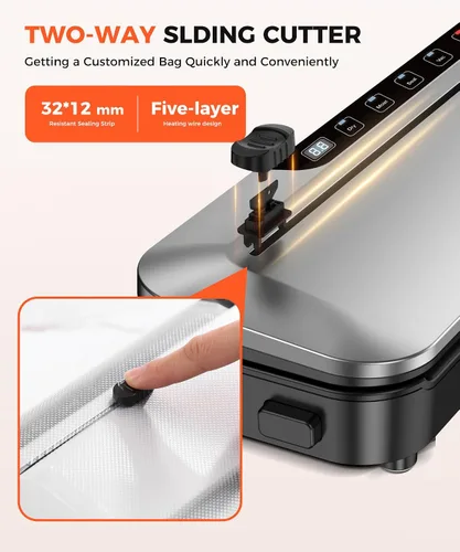 Vista 5 de Máquina selladora al vacío de 75 KPa para alimentos con modos seco/húmedo 6 en 1 y temporizador digital, diseño compacto y ligero, cortador