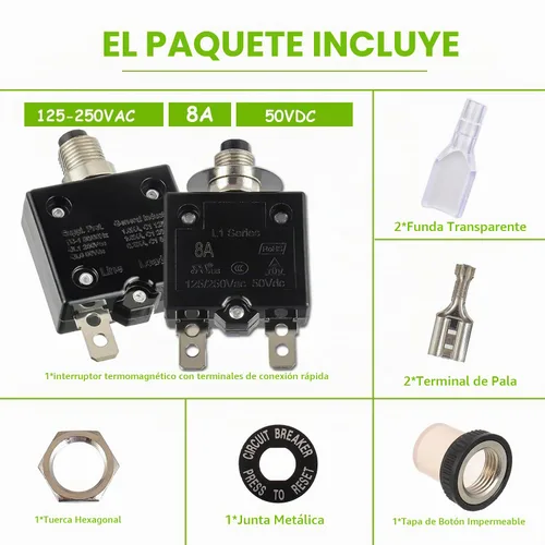 Vista 4 de Disyuntor de botón de reinicio manual 8A, 125/250 V CA, 50 V, CC, protector de sobrecarga térmica con terminales de conexión rápida y tapas de botón