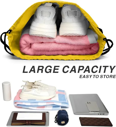 Vista 5 de BuyAgain Mochila deportiva con cordón, resistente al agua, bolsa deportiva para gimnasio, para mujeres y hombres, grande con cremallera, Amarillo