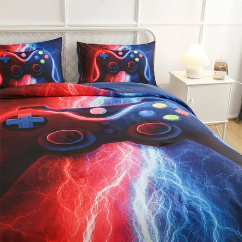 Vista 5 de Meeting Story Juego de ropa de cama con estampado de consola de videojuegos rojo y azul para niños, consola de juegos, botones de acción, colorido