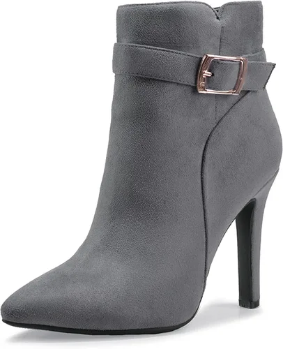 Vista 13 de IDIFU Dana - Botines de tacón de aguja alto con punta puntiaguda para mujer, botas cortas con cremallera lateral y hebilla de metal Poliuretano negro