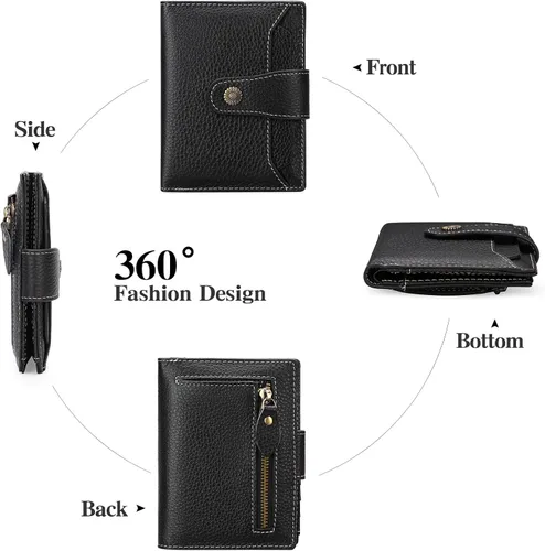 Vista 4 de FALAN MULE Cartera pequeña para mujer, de piel auténtica, plegable, compacta, con bloqueo RFID, pequeña cartera para mujer, ZZE-Elegant Negro