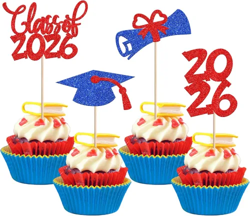 Vista 42 de 24 piezas 2026 temáticas de graduación 2026 decoraciones para cupcakes con purpurina clase de 2026 Diploma Congrats 2026 Tapa de graduación