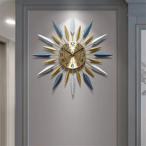 Vista 2 de Clock Wall Clock Large Wall Clock,Retro Feather Geometric Design,Mute Golden Clock,Modern Polychromatic Vintage Metal Wall Clock Kitchen,Blue