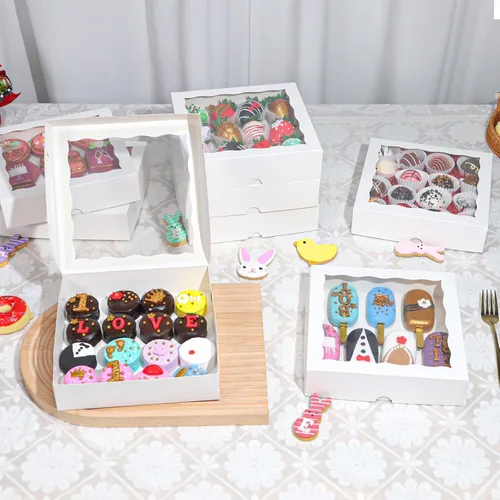 Vista 3 de RomanticBaking 15 cajas de panadería de 8 x 8 x 2 pulgadas con ventana, cajas de galletas cubiertas de chocolate, caja de fresas para panadería