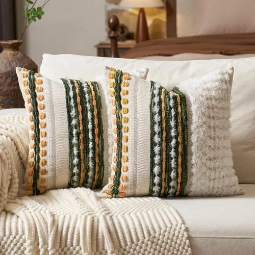 Vista 14 de Aeckself Fundas de almohada bohemias de chenilla con borlas tuftadas de 18x18 pulgadas, juego de 2, fundas decorativas rústicas a rayas cuadradas