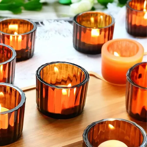 Vista 5 de GOLDEAL Portavelas ámbar Tealight, juego de 24 portavelas de vidrio grueso, portavelas votivas, para decoración de mesa de boda, suministros
