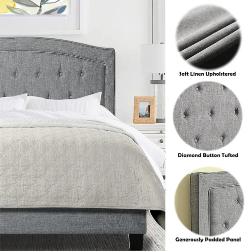 Vista 4 de Rosevera Carlisle Marco de cama con cabecera ajustable con botones para dormitorio, tapizado de lino, soporte de listones de madera, fácil montaje