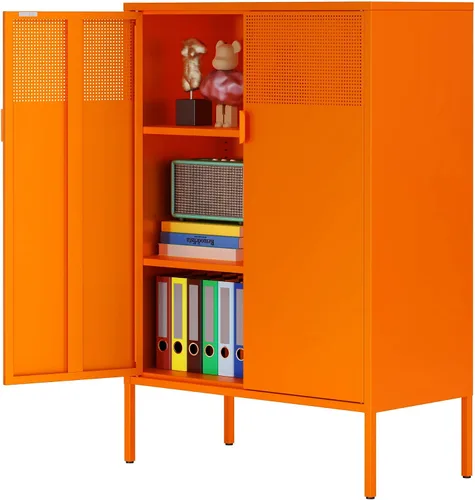 Vista 112 de Gabinete de almacenamiento de metal ancho negro, gabinete de acento de 2 puertas para el hogar y la oficina, gabinete de metal bajo de 2 niveles