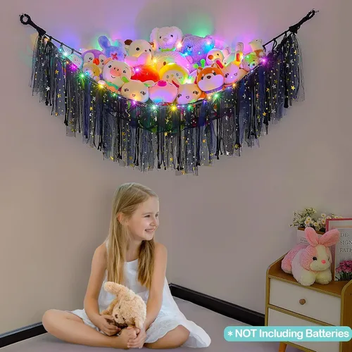 Vista 2 de FIOBEE Red de Animales de Peluche o Hamaca con Luz LED, Hamaca de Juguetes Colgante Organizador de Almacenamiento Soporte para Animales de Peluche
