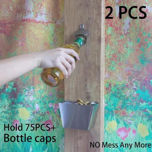 Vista 3 de Abrebotellas de cerveza de acero inoxidable montado en la pared con tapa colector plateado cepillado