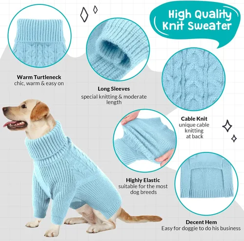 Vista 4 de Queenmore Suéter de invierno para cachorros – Suéter cálido de invierno para perros medianos y medianos, manga larga, cuello alto, azul, XS