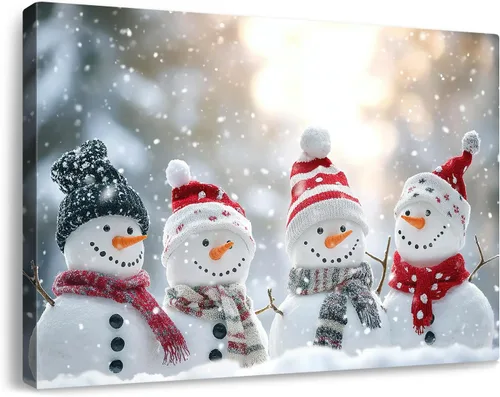 Vista 10 de gaosoul Lienzo de muñeco de nieve navideño para pared, lindo muñeco de nieve en pintura de paisaje nevado, póster navideño para sala de estar