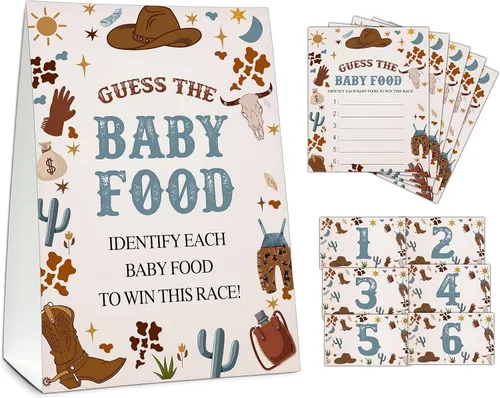 Vista 5 de Guess the Baby Food Party Games, juego de baby shower, 1 letrero de pie + 25 tarjetas de respuesta + 6 tarjetas de números, suministros