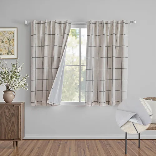 Vista 12 de MYSKY HOME Cortinas de Lino a Cuadros 100% Opacas de 45 Pulgadas de Largo de Doble Capa Estilo Granja con Aislamiento Térmico Estampado a Cuadros