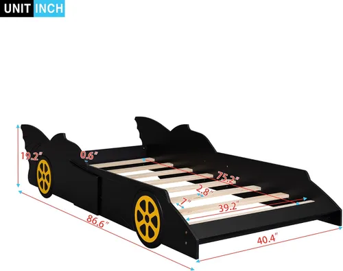 Vista 2 de Marco de cama, cama de plataforma en forma de auto de carreras de tamaño individual con ruedas, marco de cama de plataforma de madera con listones