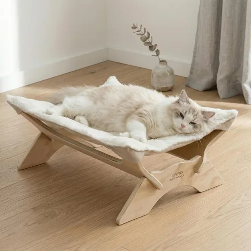 Vista 11 de JSPYFITS Hamaca elevada para gatos, cama ortopédica elevada para perros con cojín de felpa y lino de doble cara, muebles modernos para gatos