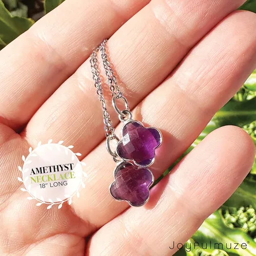 Vista 7 de Genuine Gemstone Necklace, Carved Four Leaf Clover Shape, Amethyst, Moonstone, Amazonite, Tourmaline, Labradorite, 925 Sterling Silver Jewelry