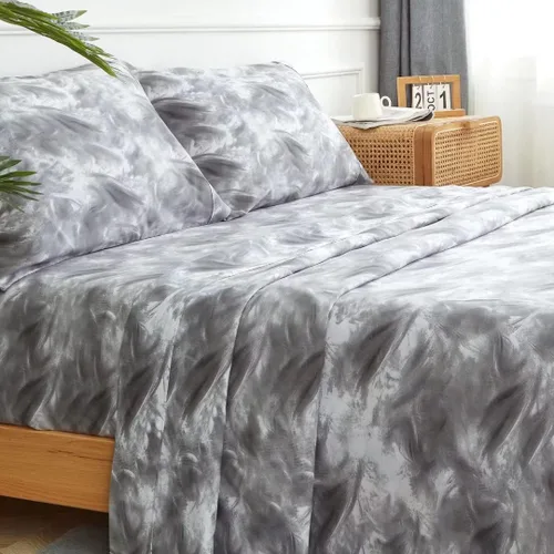 Vista 23 de KACEMOO Juego de sábanas Queen de 4 piezas con estampado floral beige, juego de sábanas bohemias de microfibra con bolsillo profundo, lujosas Beige