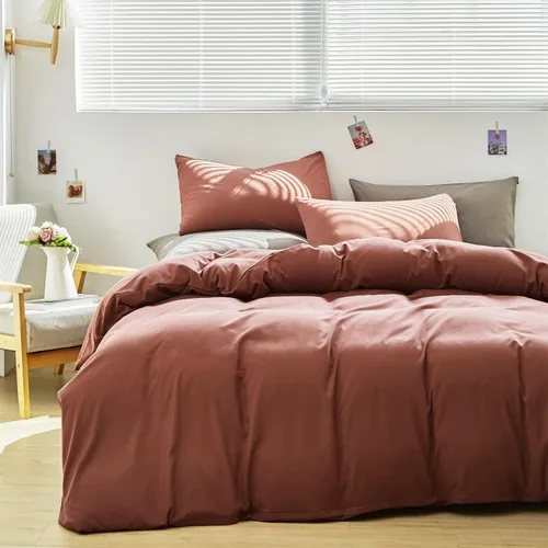 Vista 3 de Luxlovery - Juego de edredón color rojo ladrillo tamaño individual, juego de ropa de cama de 3 piezas, color rojo oscuro, suave, transpirable