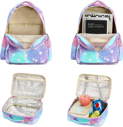 Vista 6 de LOIDOU Mochila para niños y niñas mochila preescolar mochila escolar con caja de almuerzo Azul Patchwork L