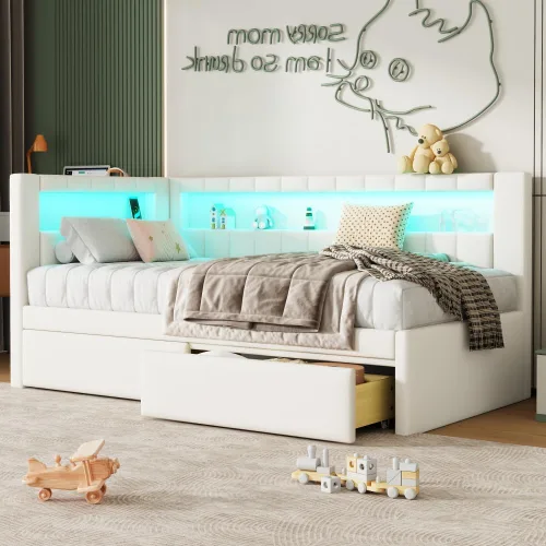 Vista 4 de Sofá cama tapizado de tamaño individual con puertos USB y luces LED, cama esquinera con 2 cajones y cabecera en forma de L, cama esquinera suave