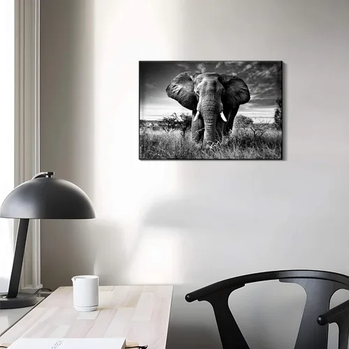 Vista 4 de Arte de pared blanco y negro de elefante – Pintura rústica en lienzo – Imagen de animales africanos – Obra de arte natural para decoración de baño