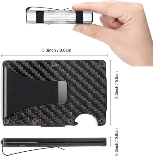 Vista 6 de Cartera de fibra de carbono soporte para tarjeta de crédito con bloqueo RFID clip de dinero minimalista delgado para hombres y mujeres negro