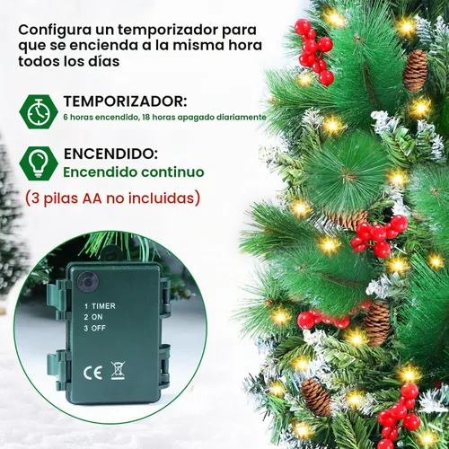 Vista 3 de Guirnalda de Navidad con luces, 50 luces LED, guirnalda preiluminada de 9 pies, funciona con pilas, decoración de Navidad para interiores