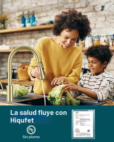 Vista 4 de Hiqufet Grifo de cocina vintage, rociador extraíble, oro cepillado