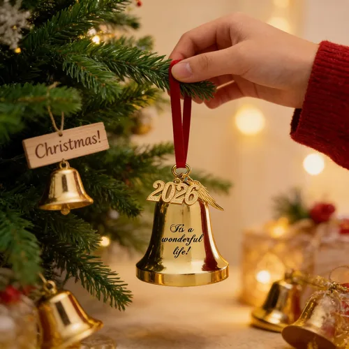 Vista 3 de JUPPE 2025 Campanas de Navidad Grabadas en Oro "Es una Maravillosa Vida" Adornos Colgantes para Árbol de Navidad Adornos de Boda y Aniversario