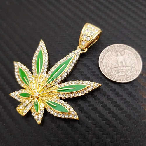 Vista 5 de Colgante de hoja de marihuana Hip Hop y collar de cadena de aleación de gargantilla cubana de 18 pulgadas con cerradura de caja helada, chapado
