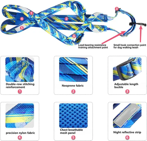 Vista 2 de Arnés de tracción de peso para perros - Trineo y correr (Azul, M) Arnés de tracción en X para tirar de peso y trineo. Diseñado para perros