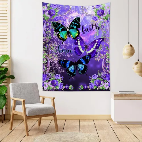 Vista 3 de LB Tapiz pequeño de mariposa colorido para colgar en la pared, diseño psicodélico de flores silvestres 3D, mariposas de fantasía floral, arte