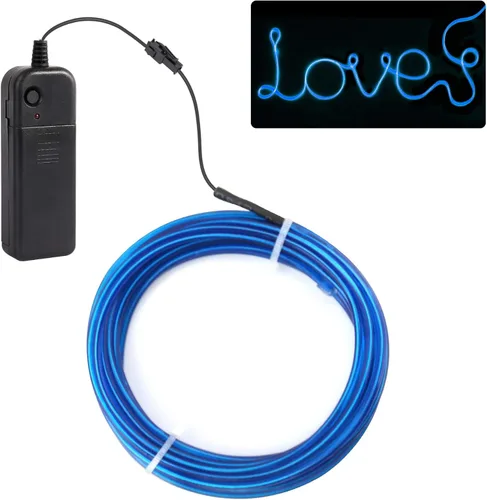 Vista 2 de JIGUOOR - Tira de luces de neón brillantes con cable EL y paquete de baterías, de 9.8 pies, 360 ° de iluminación, para bricolaje, festivales, Azul