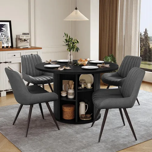 Vista 28 de Miereirl Juego de mesa y sillas de comedor moderno redondo, con una mesa de comedor de madera equipada con compartimentos de almacenamiento