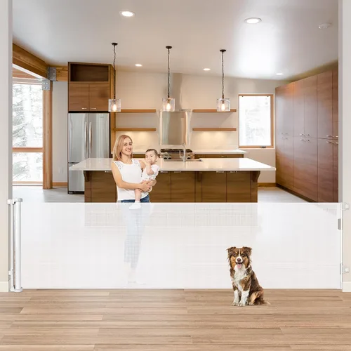Vista 17 de Puertas retráctiles para bebés para puertas, puerta retráctil para perros de 55 pulgadas de ancho para escaleras, puertas de malla para perros