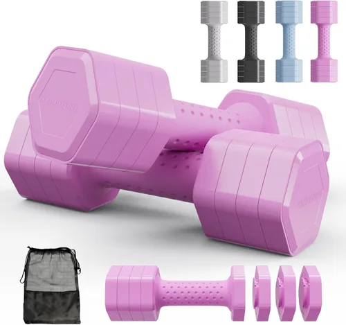 Vista 9 de Juego de 2 mancuernas ajustables, juego de mancuernas 4 en 1, pesas de mano para mujeres en casa, juego de mancuernas de 5 libras con mango cómodo