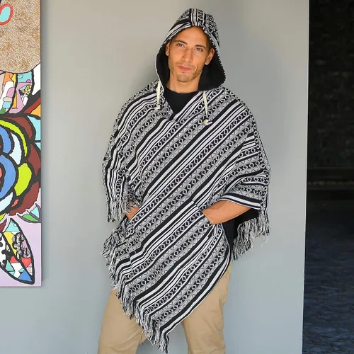 Vista 2 de virblatt - Poncho para hombre 100 algodón Poncho mexicano Baja sudadera con capucha para hombre Reversible Capa azteca mexicana con capucha