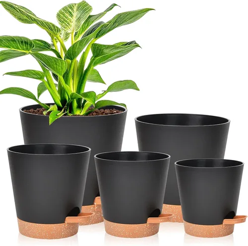 Vista 12 de Vanslogreen Macetas Paquete de 5, Macetas de 7/6.5/6/5.5/5 Pulgadas de Riego Automático con Agujeros de Drenaje para Plantas de Interior, Macetas