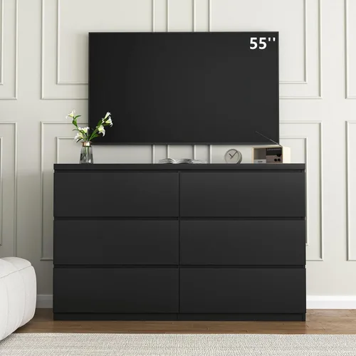 Vista 2 de Cómoda negra de 6 cajones para dormitorio, cómoda de cajones profundos moderna con diseño sin tirador, cómoda de almacenamiento con cajones, mueble