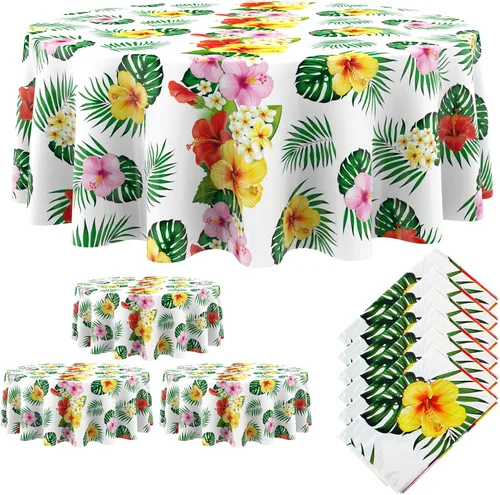 Vista 10 de Oudain Mantel hawaiano de 3 piezas de 84 pulgadas con hojas de palmera tropicales, flores redondas, de plástico, desechable, circular, impermeable