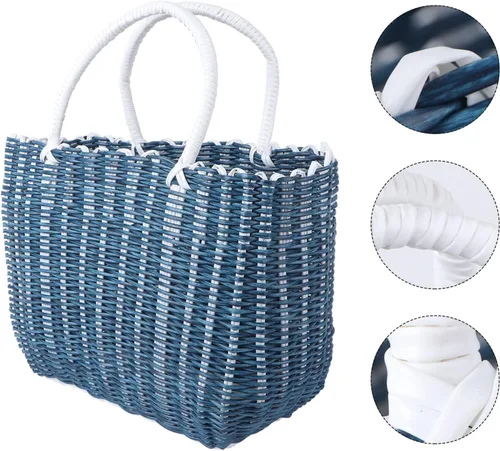 Vista 4 de Bolsa de plástico tejida para el mercado, bolsa de compras reutilizable con asa, bolsas de frutas y verduras, bolsa de playa grande para el hogar