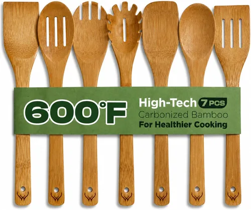 Vista 14 de Prime - Juego de 3 cucharas de madera de bambú para cocinar, utensilios de cocina de madera con mango largo, incluye cuchara plana de madera