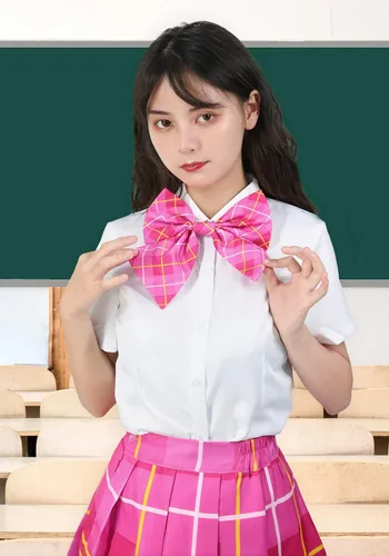 Vista 3 de PROCOS Disfraz de colegiala de talla estadounidense para mujer, uniforme japonés con corbata de lazo a cuadros, 5 piezas